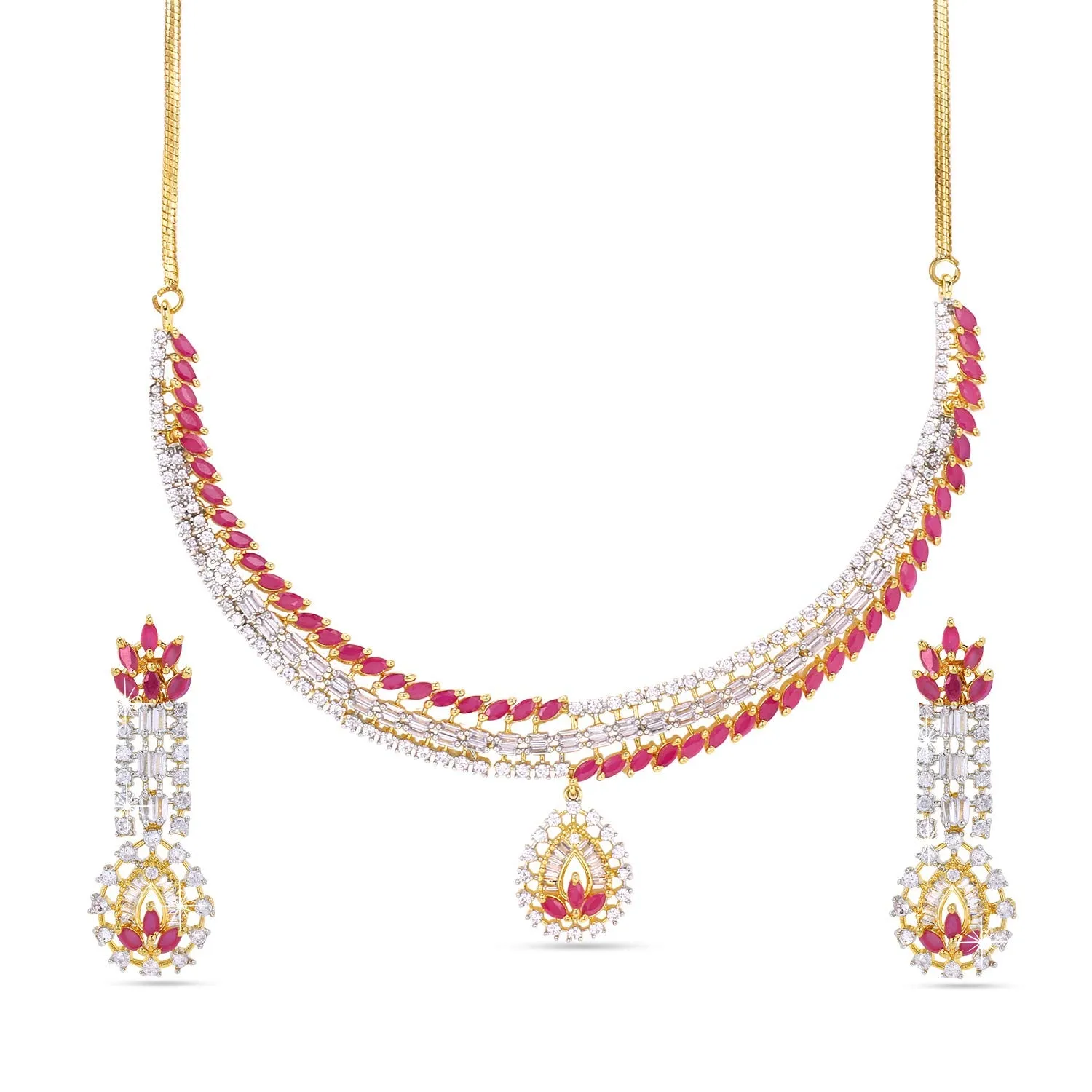 Yellow Chimes Classic Pink AD/American Diamond Studded 18K Gold Plated Designer Choker Necklace Set with Earrings for Women & Girls, Medium (Model: YCADNS-10LEFCRY-PK-ALT)