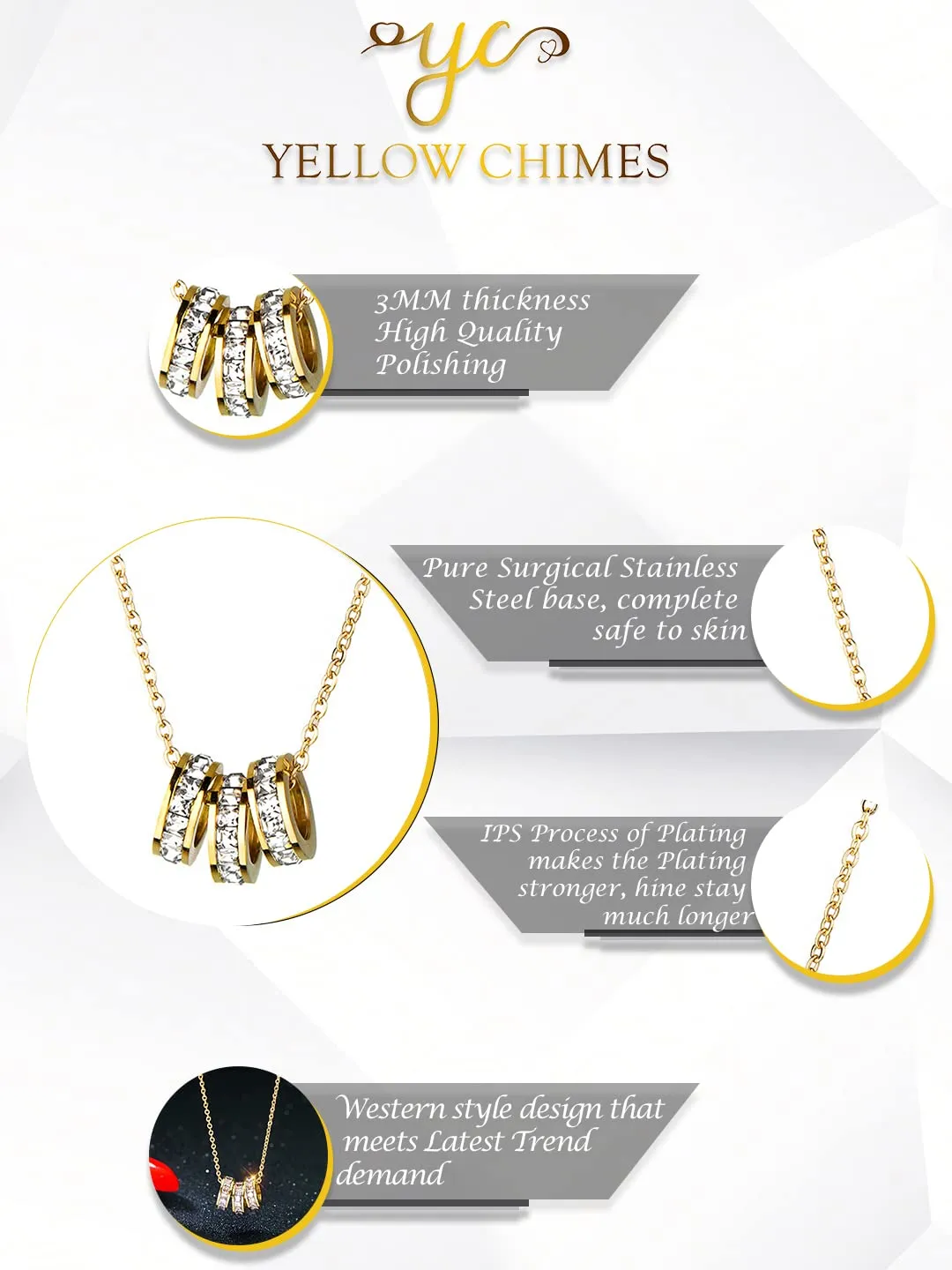 Yellow Chimes Gold Chain Pendant for Women Crystal Rings Gold-Plated Stainless Steel Chain Pendant Necklace for Women and Girls.