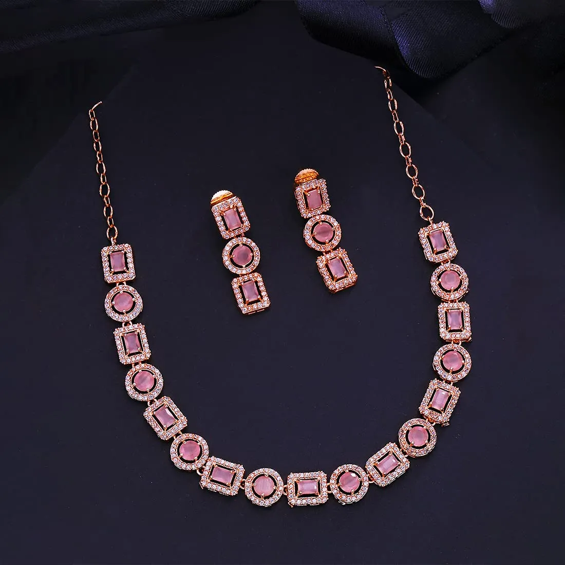 Yellow Chimes Jewellery Set for Women and Girls Traditional Pink American Diamond Jewellery Set | Rosegold Plated AD Necklace Set for Women | Birthday Gift for girls and women Anniversary Gift for Wife