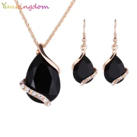 Yunkingdom Black Crystal Earrings Necklaces Sets Gold Color Jewelry Sets for Women Geometric Design Wedding Jewelry